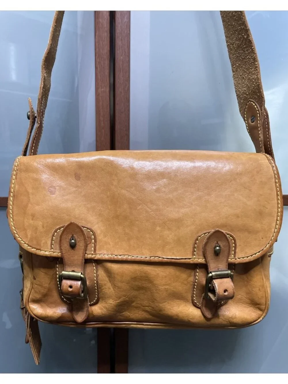 Polo Ralph Lauren Vintage 90s Leather Messenger Shoulder Bag Yellow Stitching